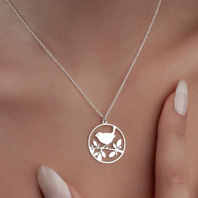 Silver Necklace with Bird on a Branch – A Touch of Nature's Serenity - N4102