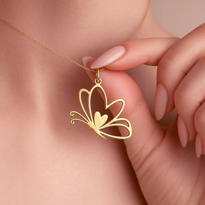 Silver Necklace with Dreamy Butterfly and Heart Design - N4102