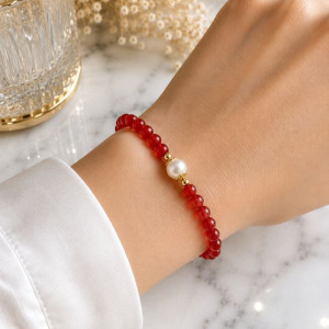 6mm Natural Red Agate & Pearl Bracelet