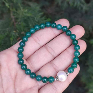 6mm Natural Green Agate & Pearl Bracelet