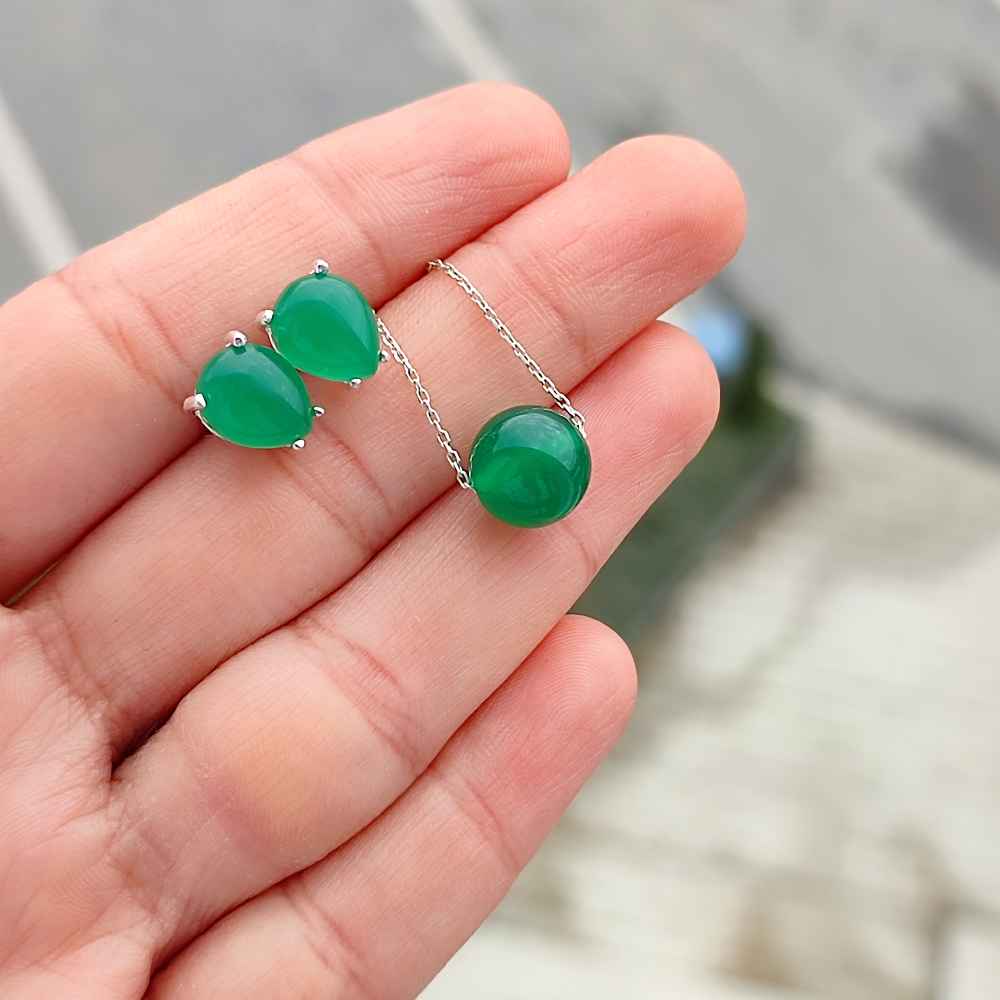 925 Sterling Silver green Agate Stone Set