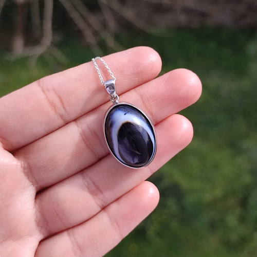925 Silver Natural Black Agate Stone Pendant