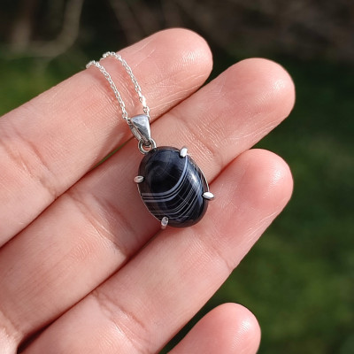 925 Silver Natural Black Agate Stone Pendant