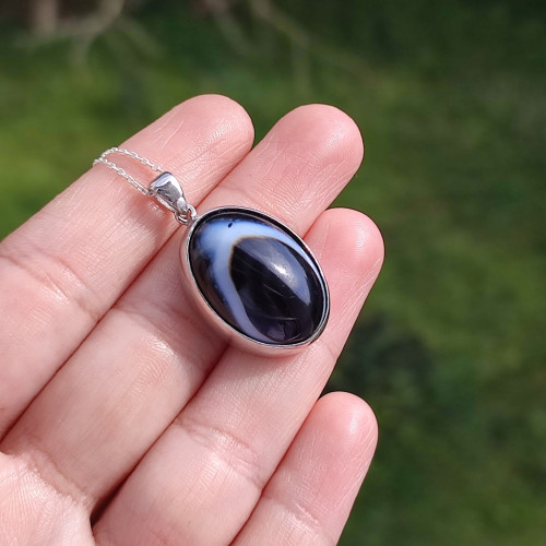 925 Silver Natural Black Agate Stone Pendant