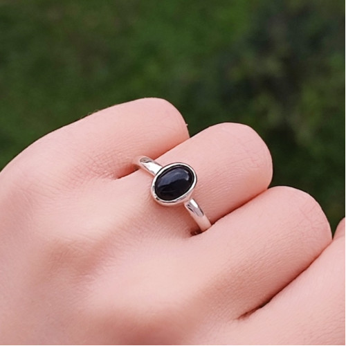 925 Silver Natural Black Agate Stone Ring