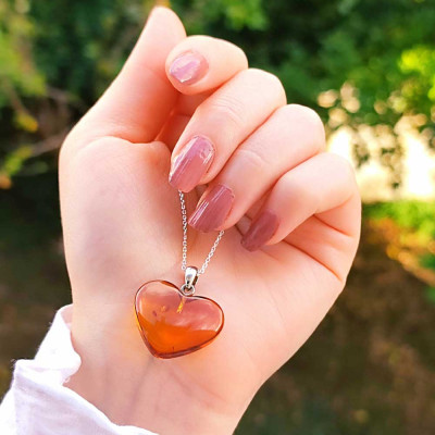 925 Silver Natural Baltic Amber Pendant -  Heart of Love