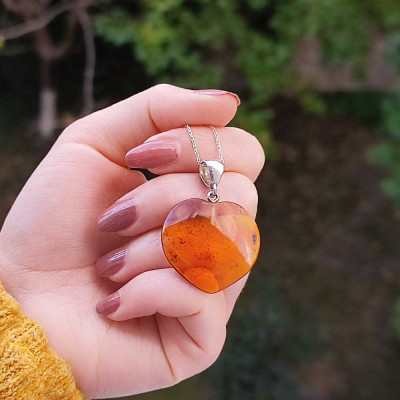 925 Silver Natural Baltic Amber Pendant -  Heart of Love