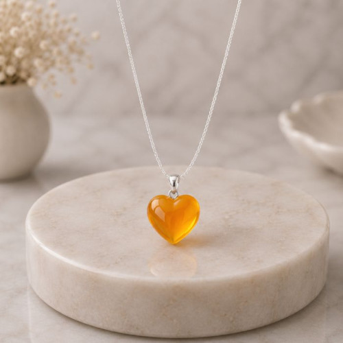 925 Silver Natural Baltic Amber Pendant -  Heart of Love