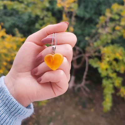 925 Silver Natural Baltic Amber Pendant -  Heart of Love