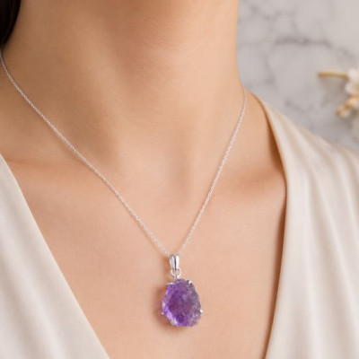 925 Silver Natural Amethyst Pendant - Raw Shape
