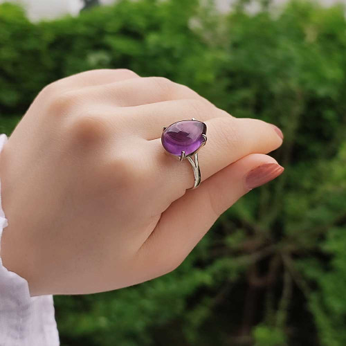 925 Silver Natural Amethyst Stone Ring - Circule Shape