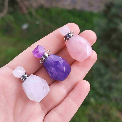 Faceted Crystal Quartz Stone Perfume Bottle Pendant - Clear Quartz