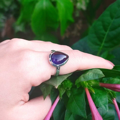 925 Silver Natural Amethyst Stone Ring - Circule Shape