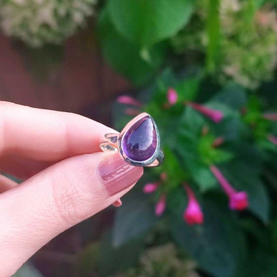 925 Silver Natural Amethyst Stone Ring - Circule Shape