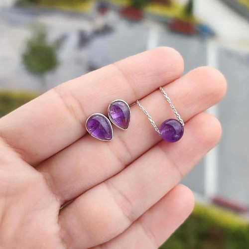 925 Silver Natural Amethyst Stone Set 925 Silver Natural Amethyst Stone Set