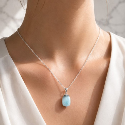925 Silver Natural Aquamarine Stone Pendant - Drop Shape