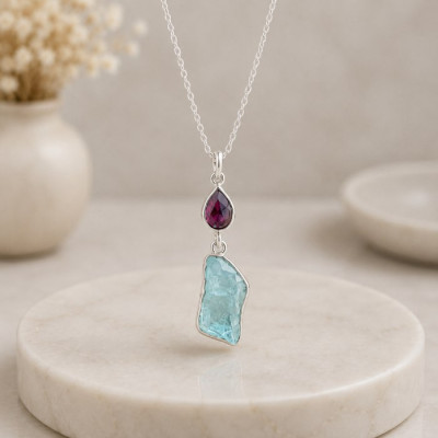 925 Silver Natural Aquamarine Stone Pendant - Raw Shape