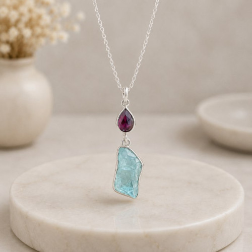 925 Silver Natural Aquamarine Stone Pendant - Raw Shape