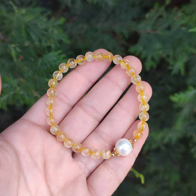 6mm Natural Citrine Stone & White Pearl Bracelet