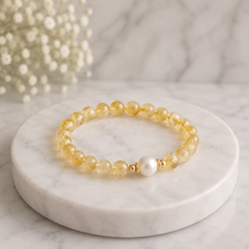 6mm Natural Citrine Stone & White Pearl Bracelet
