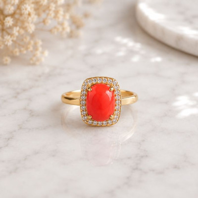 925 Silver Natural Red Coral Ring - Zircon Around