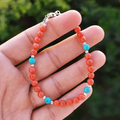 925 Silver Natural Red Coral Stone & Turquoise stone Bracelet
