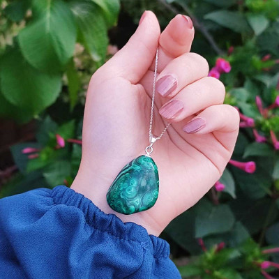 925 Silver Malachite Stone Pendant - Natural Shape