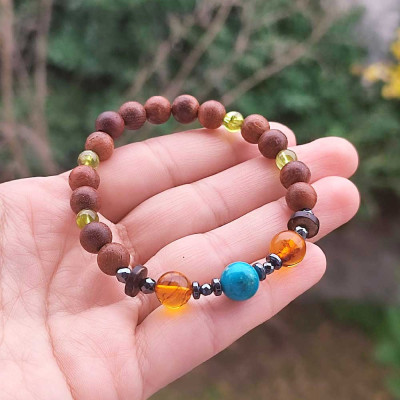 Natural Rose Wood Bracelet With Peridot , Amber , Turquoise & Hematite Bracelet - Men Bracelet