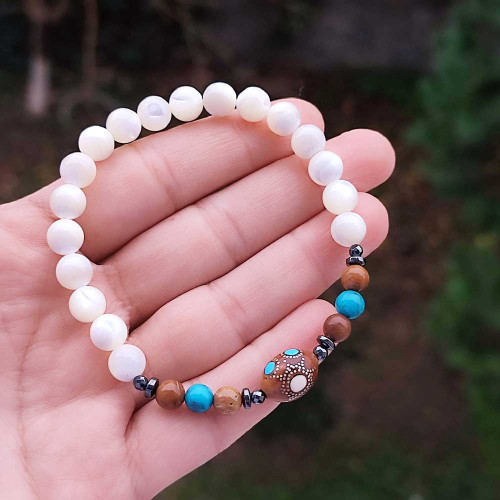 Multi Stone Bracelet , 7mm Mother Of Pearl , Coke Wood Turquoise & Hematite Stones Bracelet - Men Bracelet Multi Stone Bracelet , 7mm Mother Of Pearl , Coke Wood Turquoise & Hematite Stones Bracelet - Men Bracelet