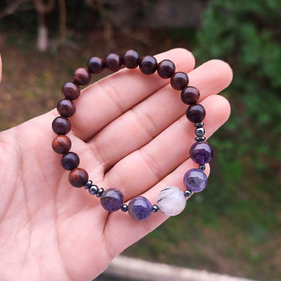 Natural Rose Wood Bracelet With Amethyst , Rutilated Quartnz & Hematite Stones Bracelet - Men Bracelet