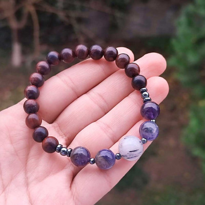 Natural Rose Wood Bracelet With Amethyst , Rutilated Quartnz & Hematite Stones Bracelet - Men Bracelet