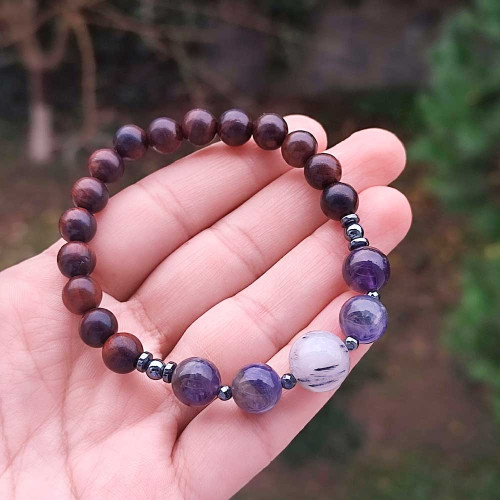 Natural Rose Wood Bracelet With Amethyst , Rutilated Quartnz & Hematite Stones Bracelet - Men Bracelet Natural Rose Wood Bracelet With Amethyst , Rutilated Quartnz & Hematite Stones Bracelet - Men Bracelet