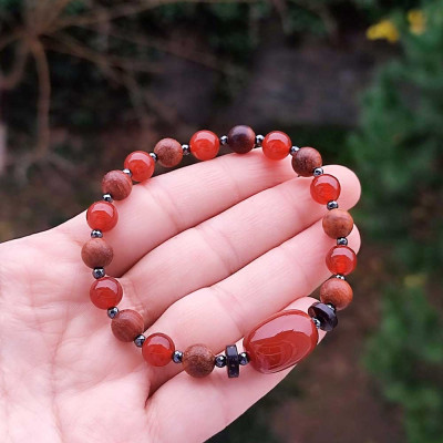 Natural Rose Wood & Red Agate Stone Bracelet - Men Bracelet