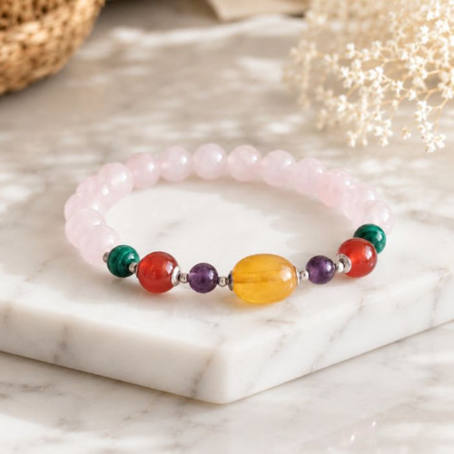Multi Stone Bracelet , 8mm Rose Quartz , amethyst , agate, malachite & amber  Stones Bracelet