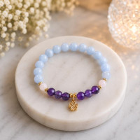 8mm Natural Aquamarine , Moonstone & Amethyst Stone Bracelet