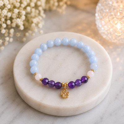 8mm Natural Aquamarine , Moonstone & Amethyst Stone Bracelet