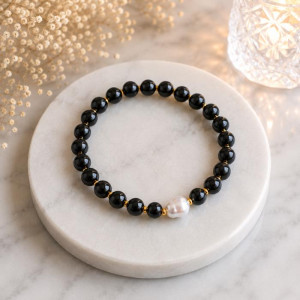 6mm Natural Black Tourmaline & White Pearl Bracelet