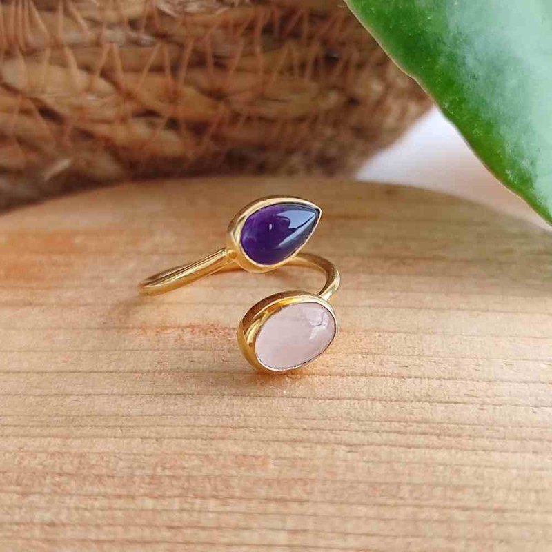 Multi Stone Ring , 925 Silver Rose Quartz & Amethyst Stone Ring - Free Size