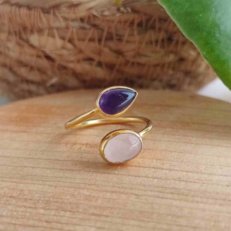 Multi Stone Ring , 925 Silver Rose Quartz & Amethyst Stone Ring - Free Size