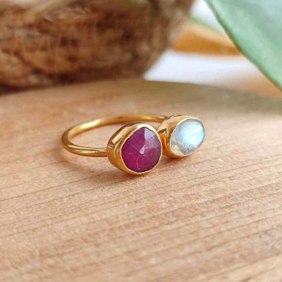 Multi Stone Ring , 925 Silver Labradorite & Ruby Stone Ring