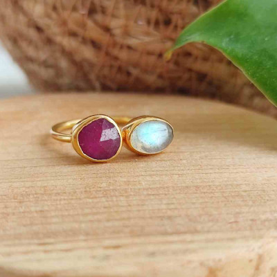 Multi Stone Ring , 925 Silver Labradorite & Ruby Stone Ring