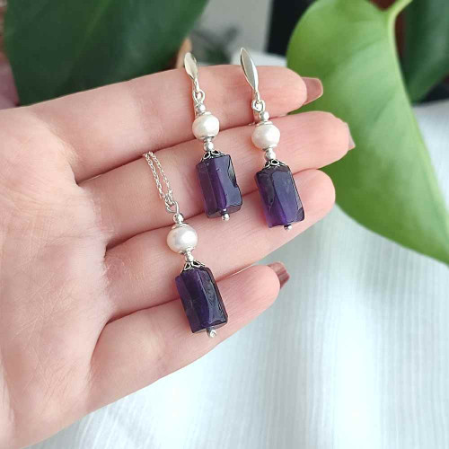 925 Silver Natural Amethyst Stone Set 925 Silver Natural Amethyst Stone Set