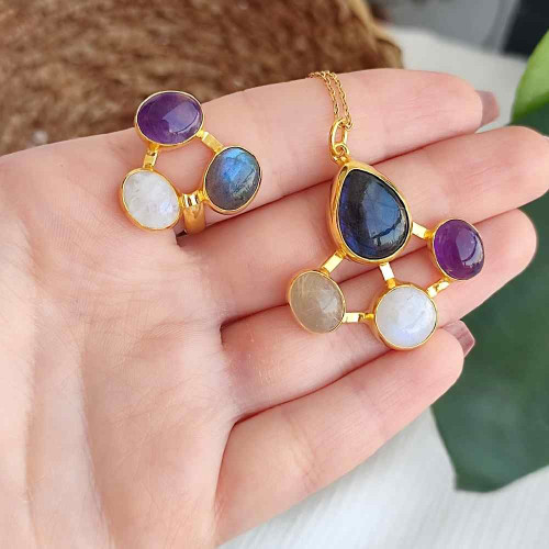Multi Stone Ring , 925 Silver Labradorite , Amethyst & Moonstone Stone set Multi Stone Ring , 925 Silver Labradorite , Amethyst & Moonstone Stone set