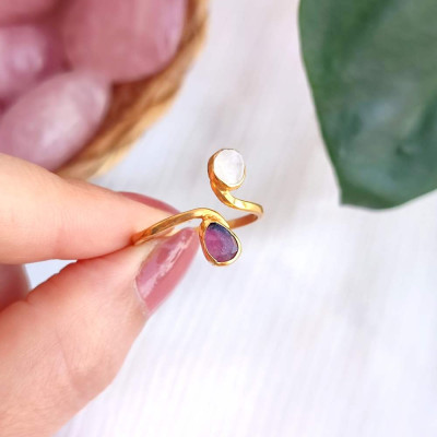 Multi Stone Ring , 925 Silver Natural Moonstone & Pink Tourmaline Stone Ring - Free Size