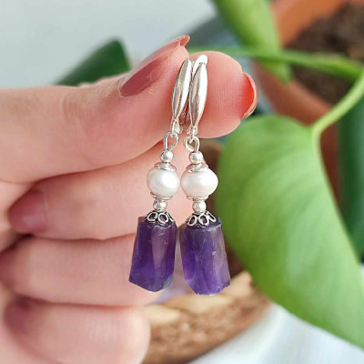 Multi Stone Earring , Amethyst & pearl Earring