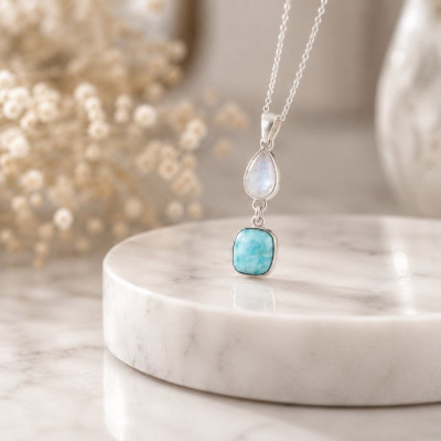925 Ayar Gümüş Larimar & ay taş Kolye
