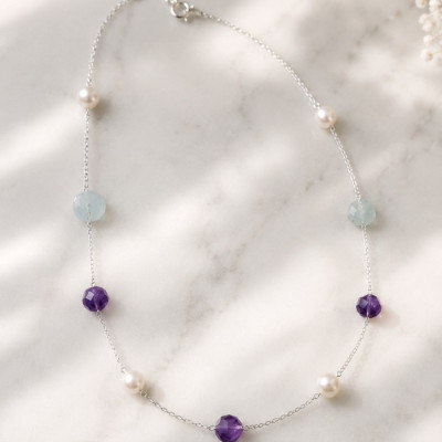Multi stone Necklace , 925 Sterline Silver White Pearl With ,aquamarine, Amethyst Necklace