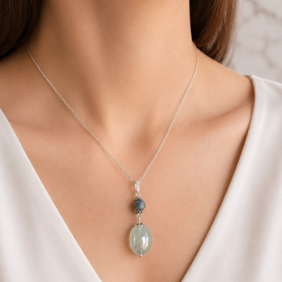 925 Silver Natural Aquamarine &Labradorite Stone Pendant