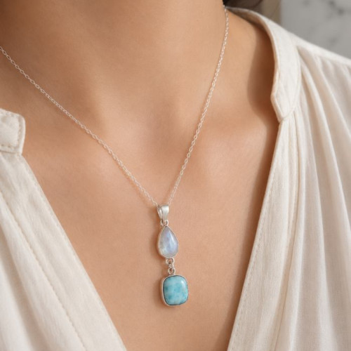 925 Ayar Gümüş Larimar & ay taş Kolye