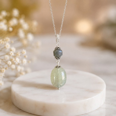925 Silver Natural Aquamarine &Labradorite Stone Pendant